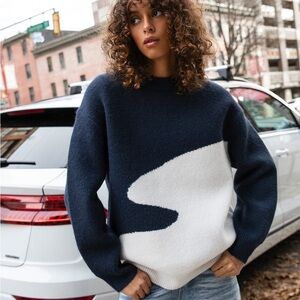 OAK + FORT Navy and White Oversized Intarsia Crewneck Knit Sweater
